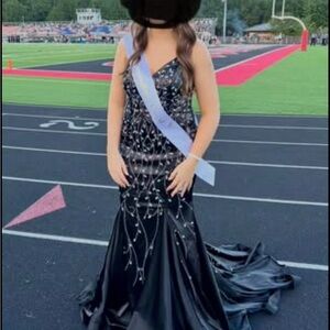 Mon Cheri Black and Silver Prom Dress